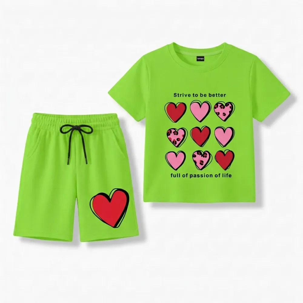 Lime Green Heart Design T-Shirt and Shorts Set