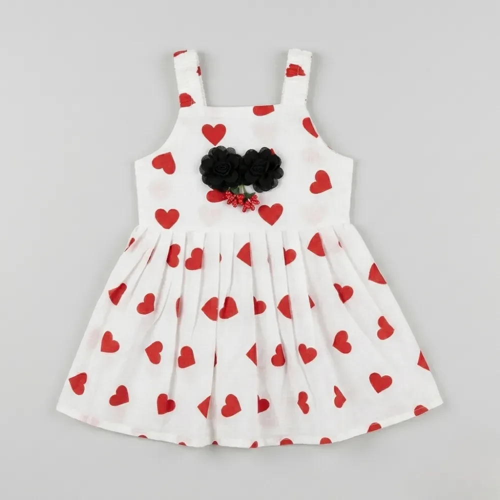 Heart Print White Dress with Black Embellishment