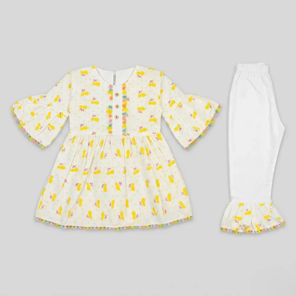Adorable Kids' Chick Print Dress and Pants Set