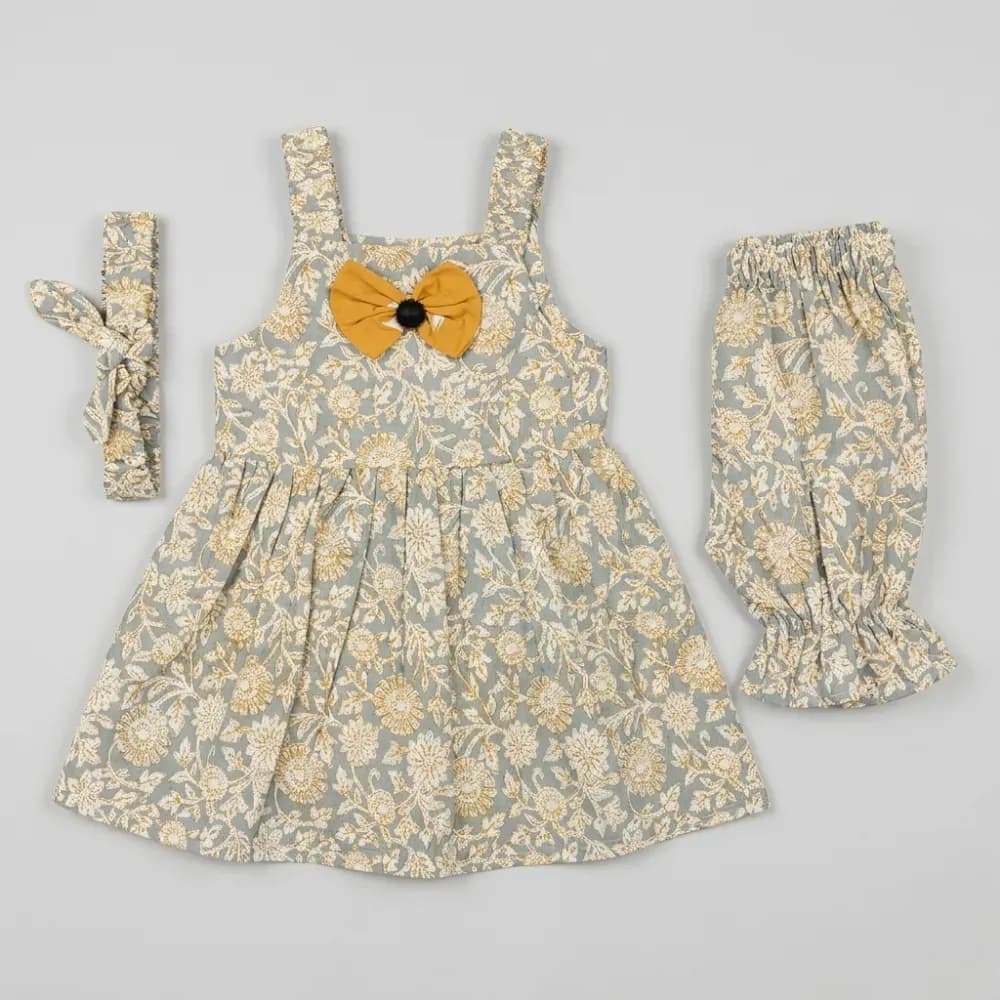 Gray and Gold Floral Baby Girl Dress Set with Yellow Bow