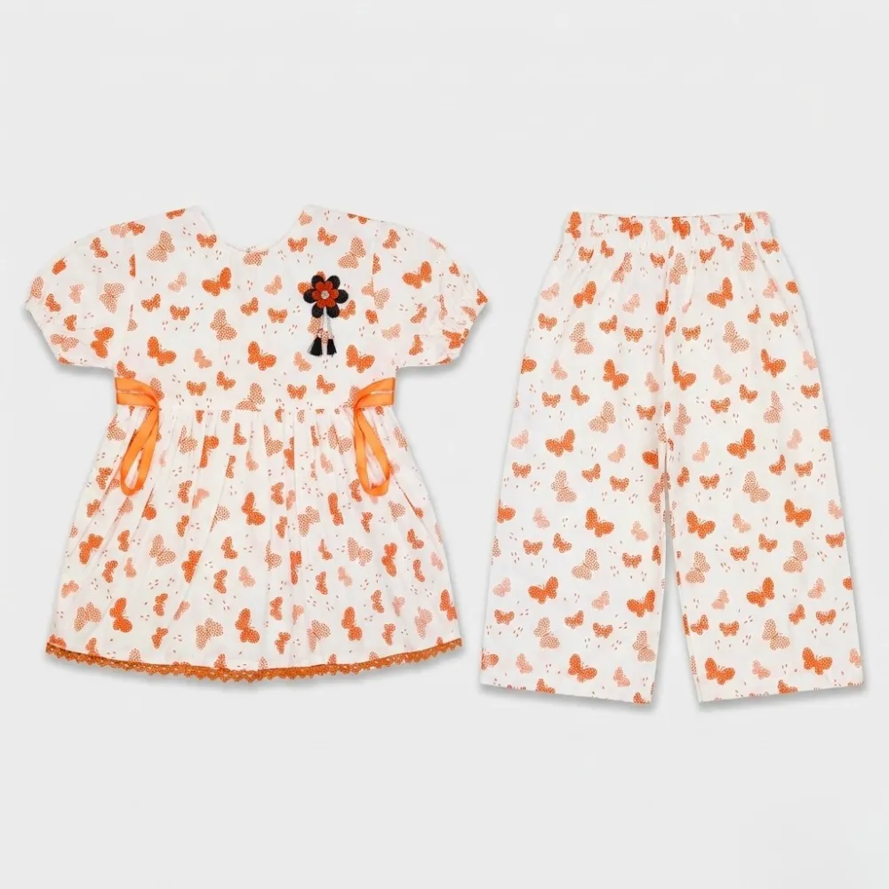 Vibrant Orange Butterfly Print Outfit for Children