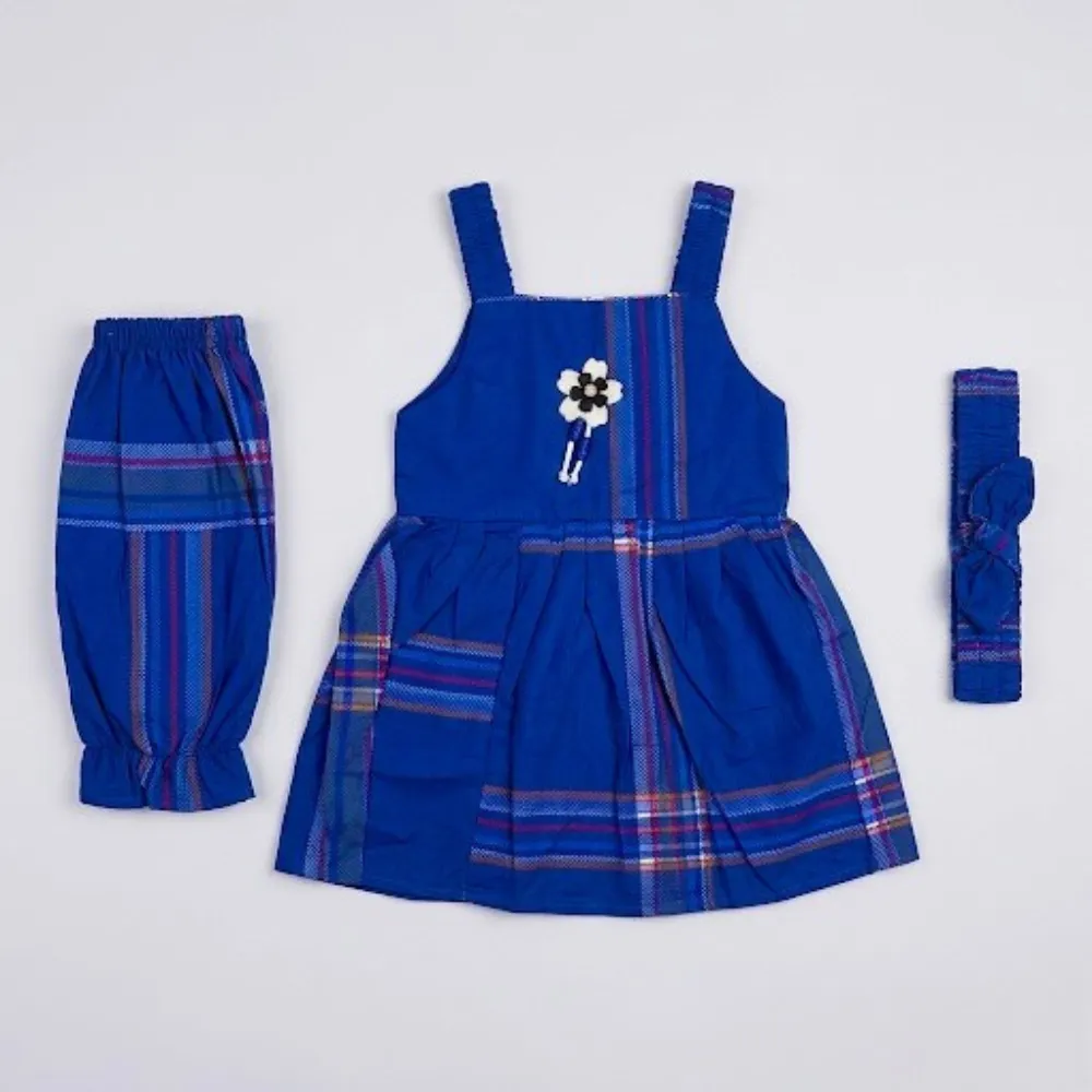 Kids Royal Blue Plaid Dress Set with Pants and Hairband