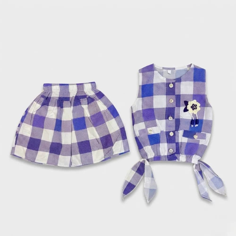 Blue and White Checkered Skirt and Vest Set