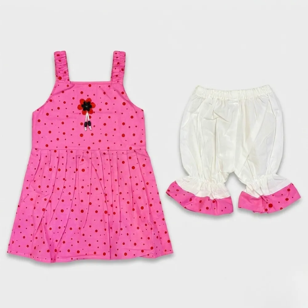 Pink Polka Dot Dress and White Bloomers Set for Girls