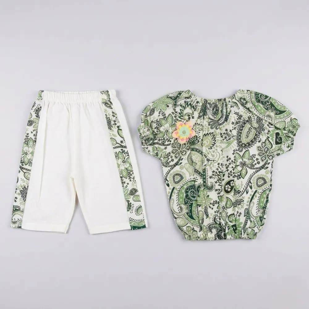 Green Paisley Shirt and White Pants Outfit