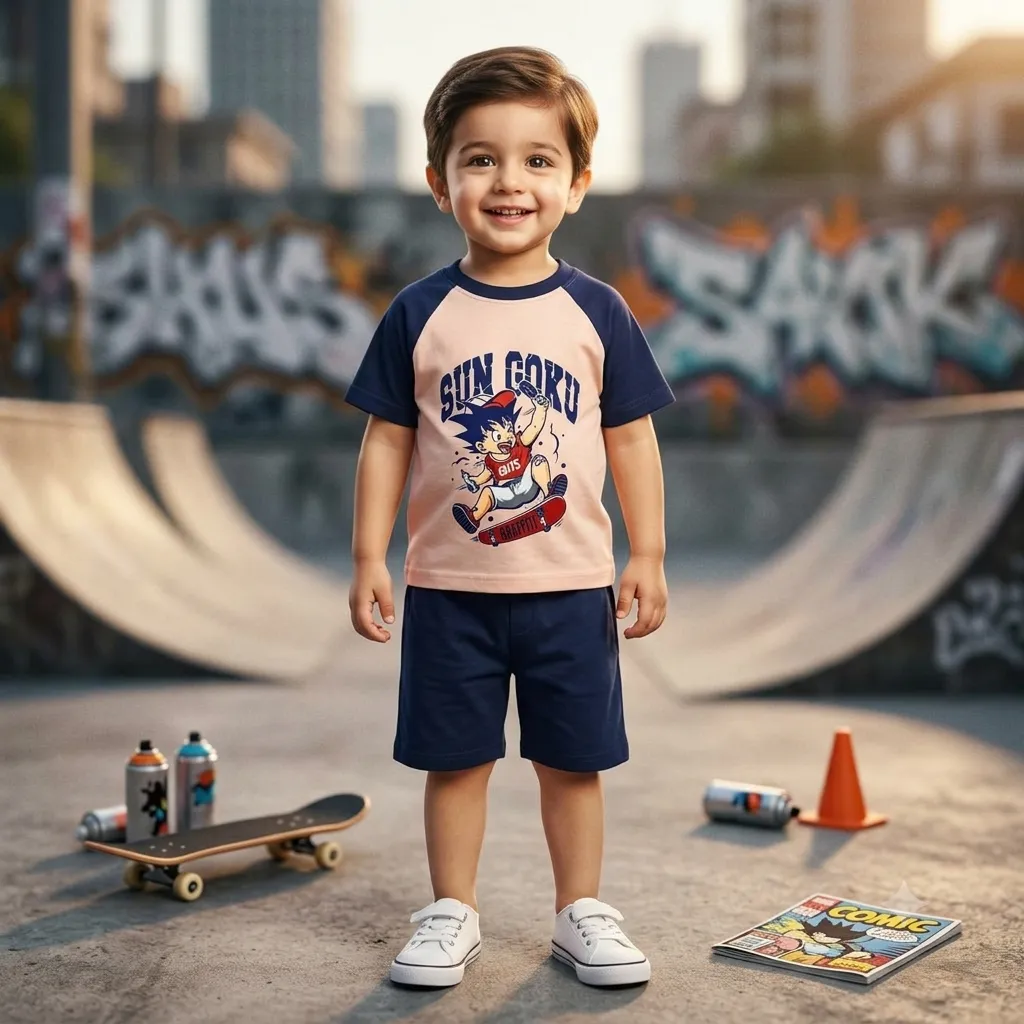 Young Boy in Summer Outfit on the Beach Shirt and Shorts.
