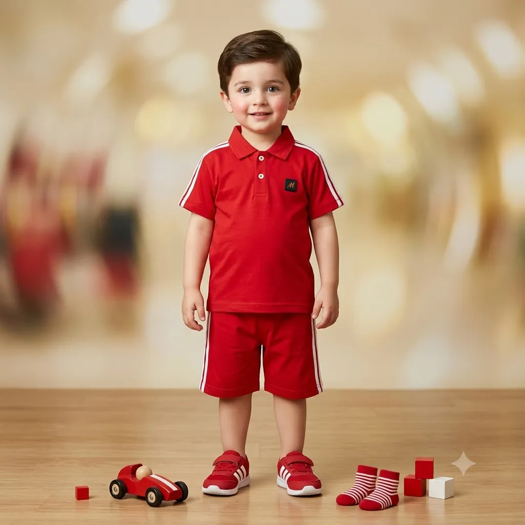 Red Polo Shirt and Shorts Set with Black Stripes