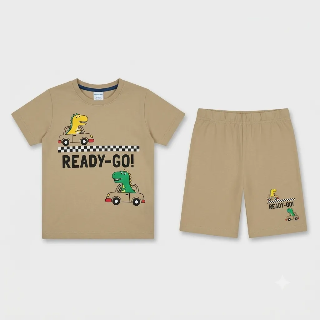 Kids Beige T-Shirt and Shorts Set with Dinosaur Car Print