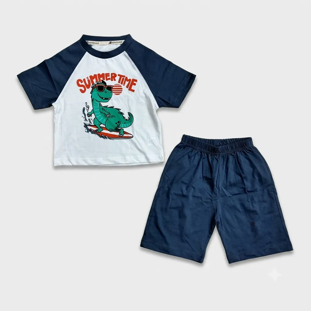Kids Summer Clothing Set with Dinosaur Graphic T-Shirt and Navy Blue Shorts