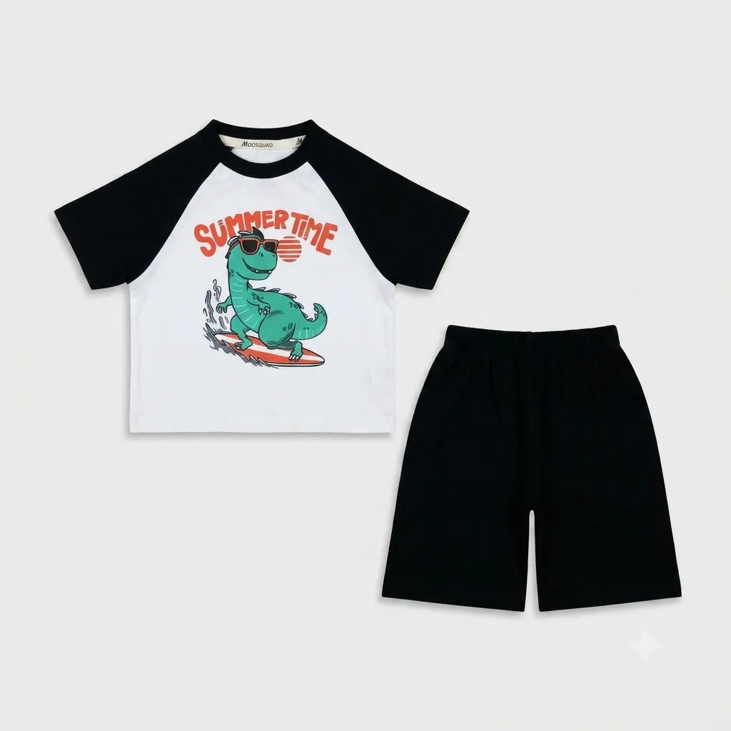 Kids Summer Outfit with Dinosaur Surfing T-Shirt and Black Shorts