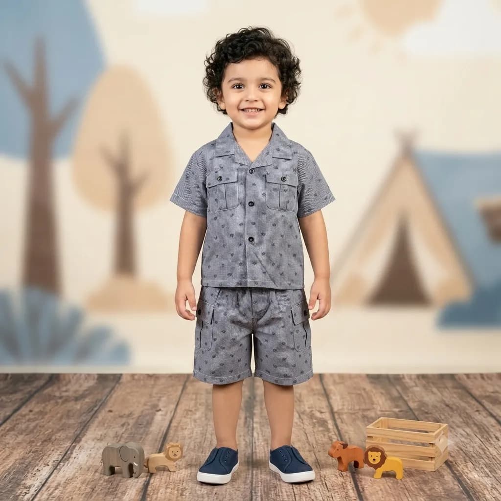 Gray Prince Cotton Shirt and Shorts Set