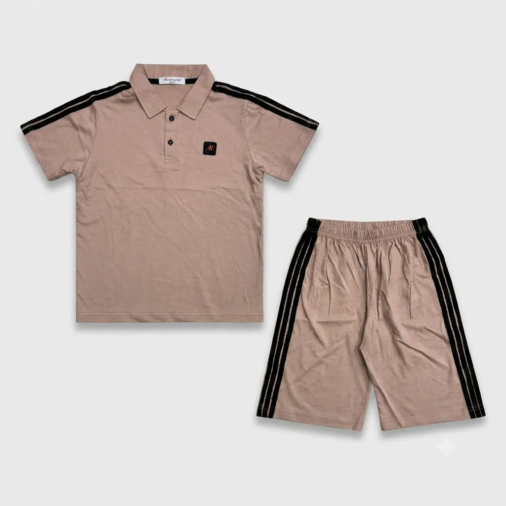 Beige Polo Shirt and Shorts Set with Black Stripes