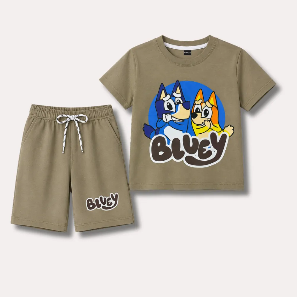 khaki-colored Bluey themed kids outfit with t-shirt and shorts
