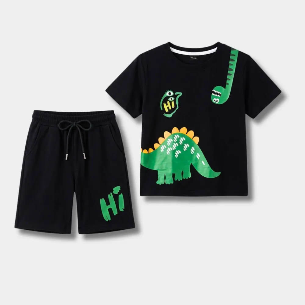 Kids Black Dinosaur Graphic T-Shirt and Shorts Set