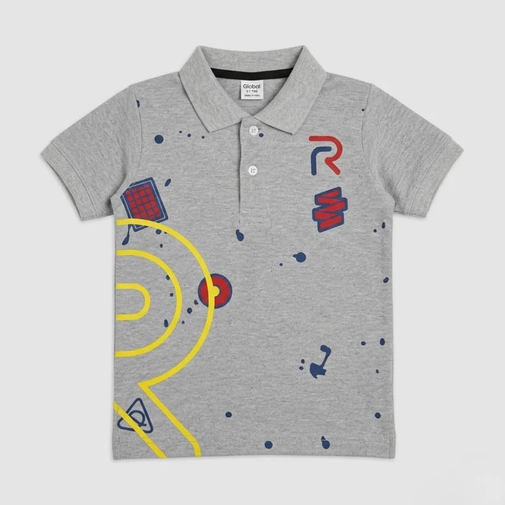 Kids Grey Polo Shirt with Space Theme