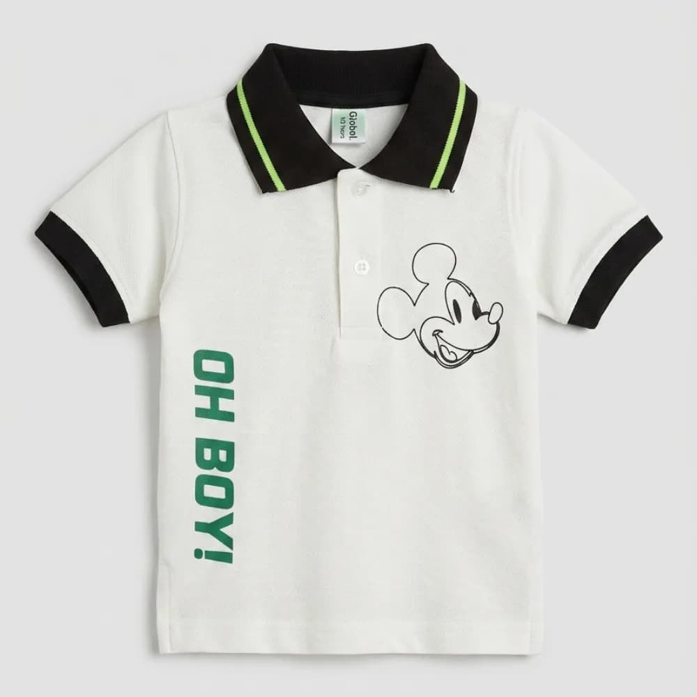 White Polo Shirt with Mickey Mouse Graphic
