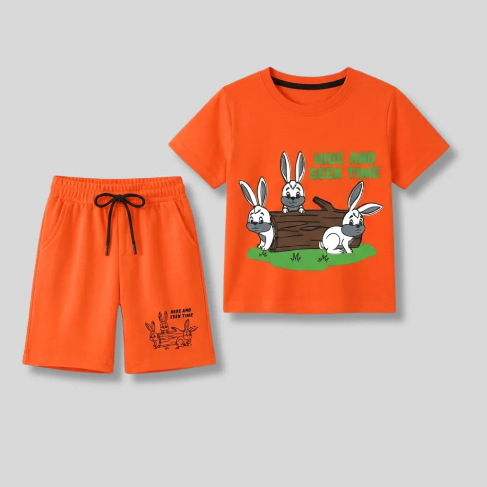 Vibrant Orange Kids Clothing Set with Cartoon Rabbits