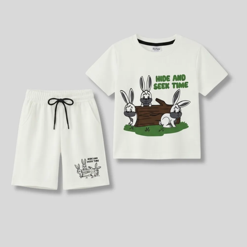 Kids White Tshirt and Shorts Set with Cartoon Rabbits