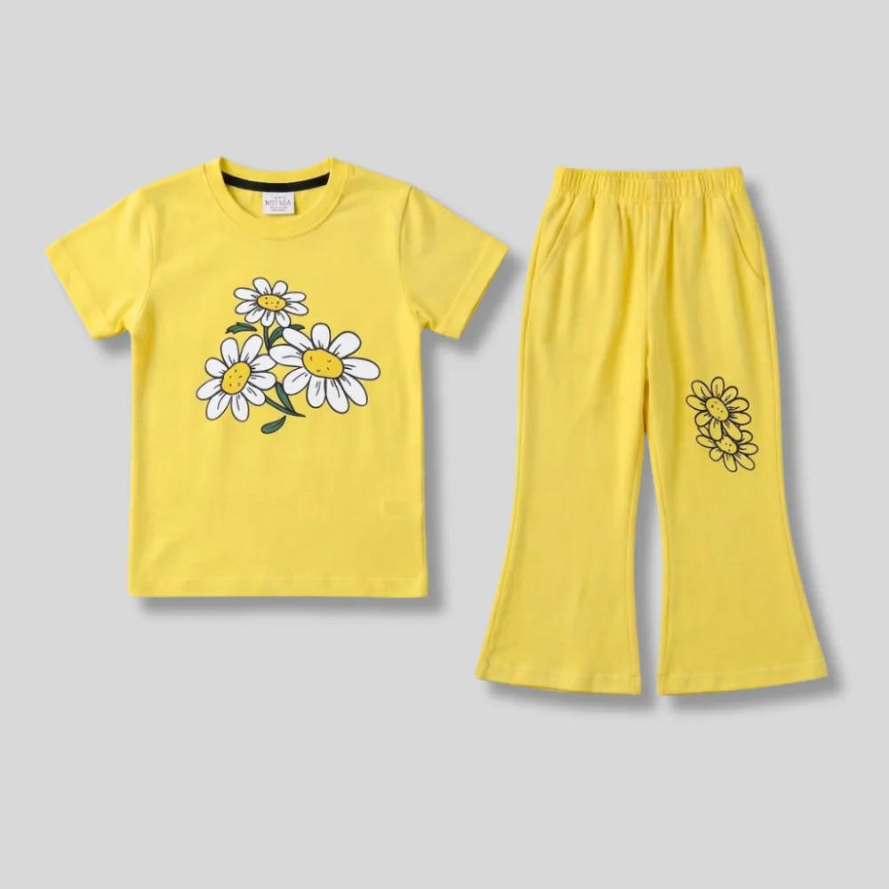 Vibrant Yellow Daisy Print T-Shirt and Pants Set Girls Co-ord Set