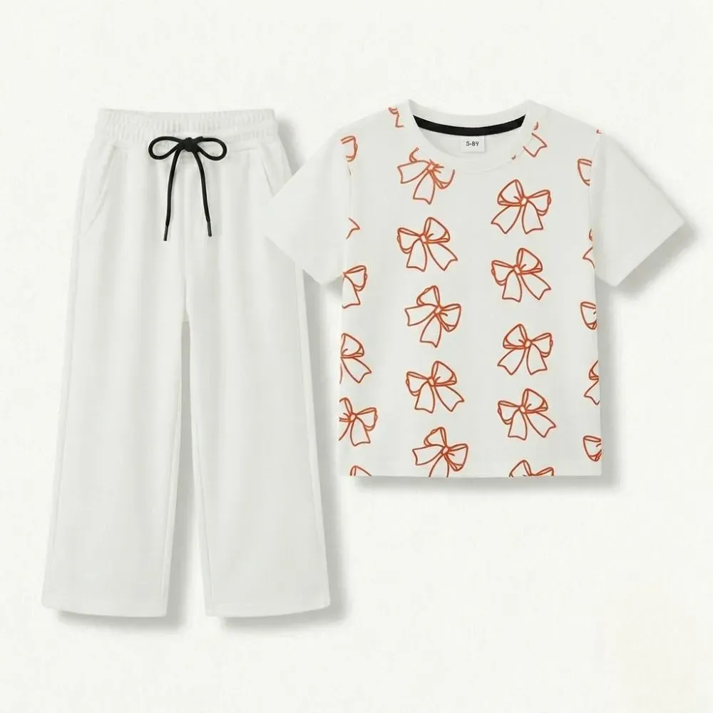 Kids' White Outfit with Orange Bow Pattern T-Shirt and Pants