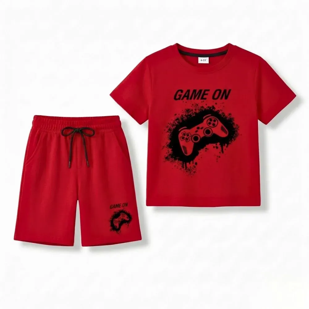 Kids Red Gaming Outfit - Short Sleeve T-Shirt and Shorts