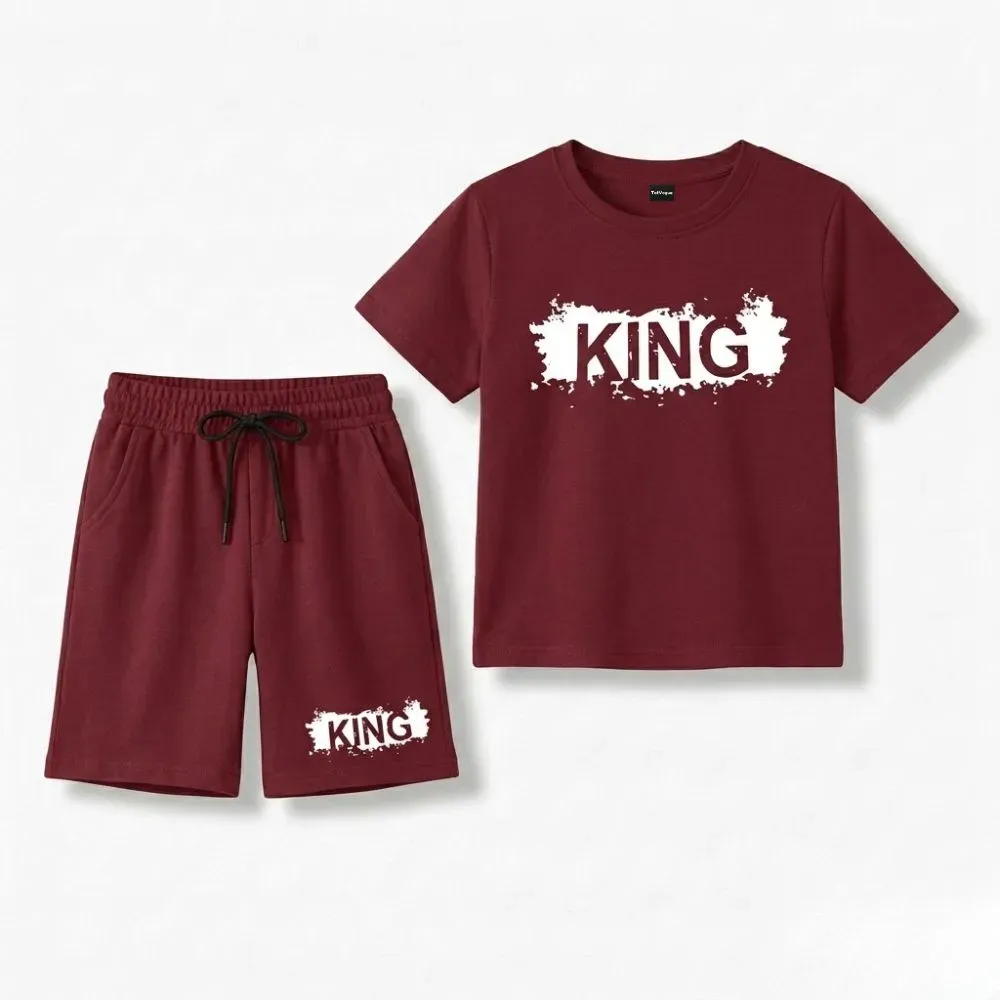 Maroon KING Print T-Shirt and Shorts Set