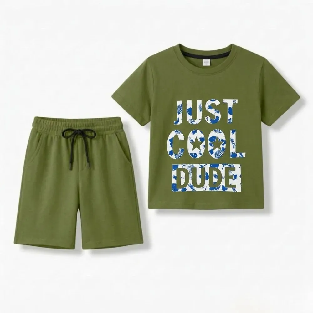 Kids Green Casual Outfit - JUST COOL DUDE T-Shirt and Shorts