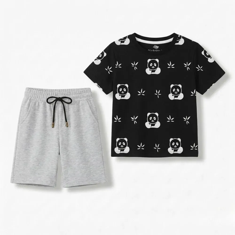 Kids' Fashionable Panda Print T-Shirt and Gray Shorts Set