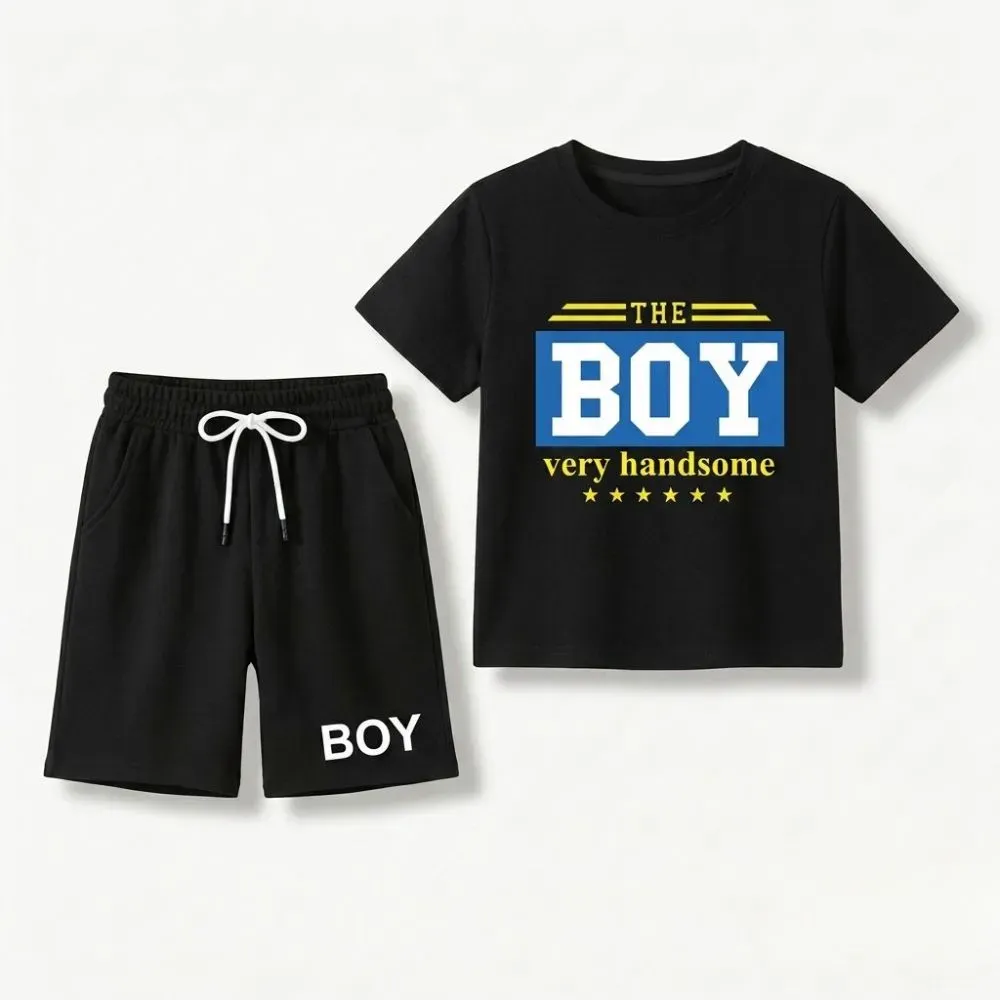 Kids Black Graphic T-Shirt and Shorts Set