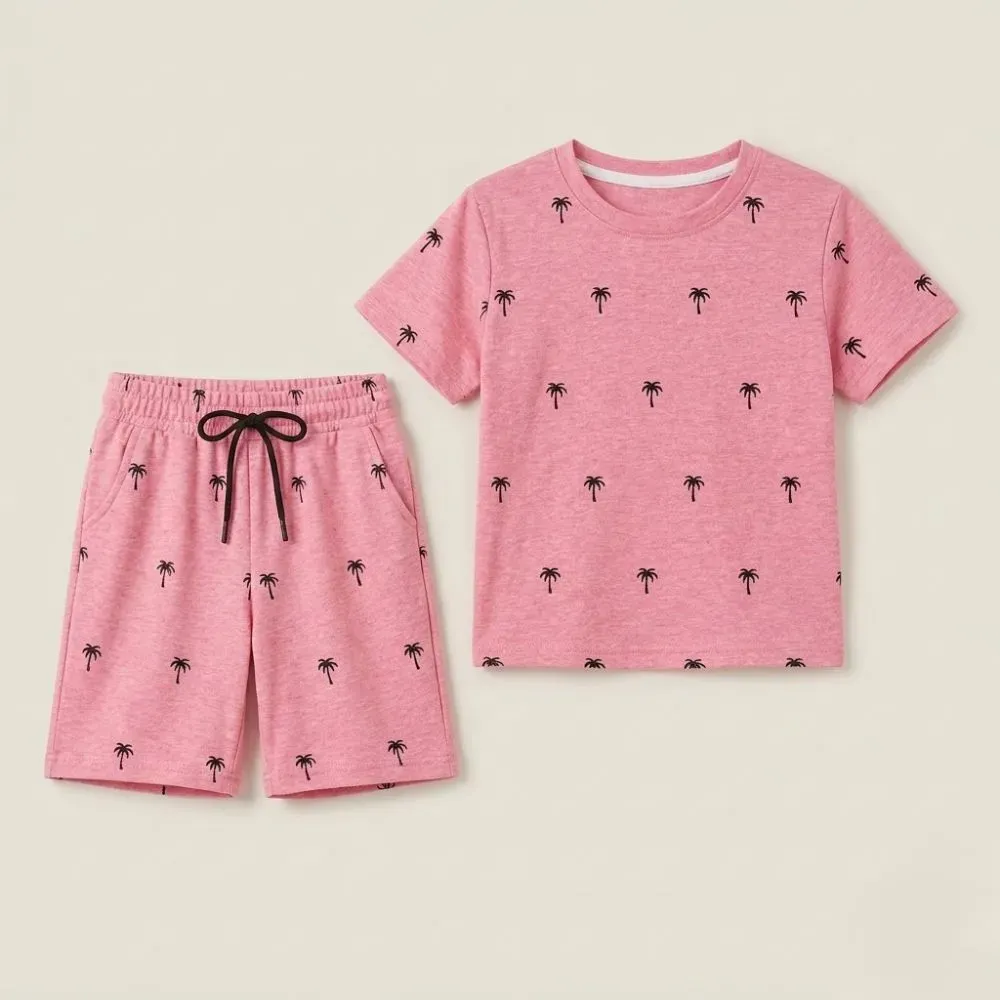 Pink Palm Tree Print Short Sleeve Outfit