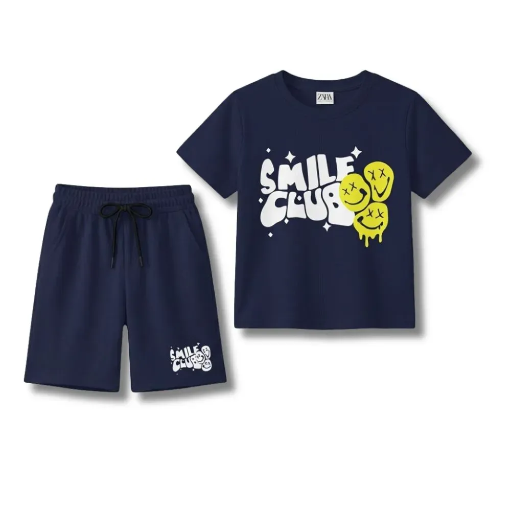Navy Blue Smile Club T-Shirt and Shorts Set