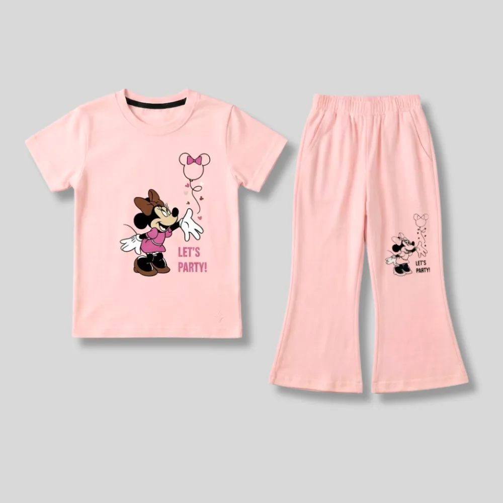 Pink Minnie Mouse themed pajama set for kids, featuring a t-shirt and matching pants with 'Let's Party!' text.